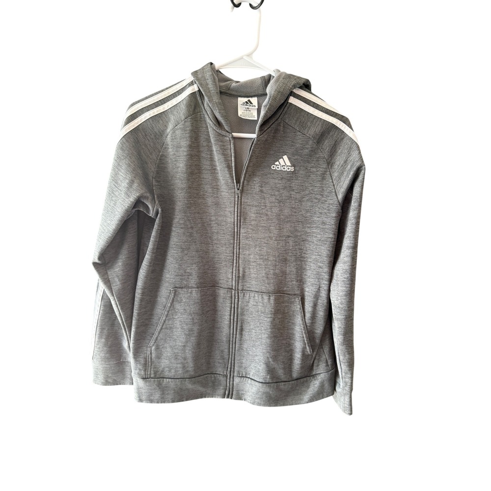 Adidas Boys Grey Heathered Full Zip Hoodie Three Stripe Jacket Size L 14/16